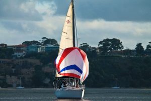 tri color asymmetrical spinnaker doused from sock on Jeanneau in Australia 3