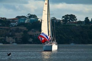 tri color asymmetrical spinnaker doused from sock on Jeanneau in Australia 4