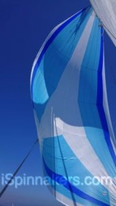 Beneteau First 310 with custom colors asymmetrical spinnaker blue white