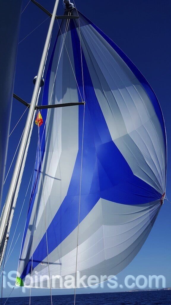 Beneteau Oceanis 44cc asymmetrical spinnakers blue and white with blue spinnaker sock