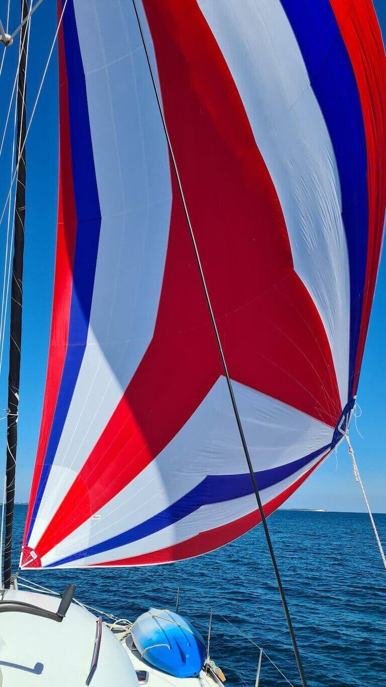 Lagoon 380 under Asymmetrical spinnaker, sailing school, standard colors, phot. cred. Neville P. Australia